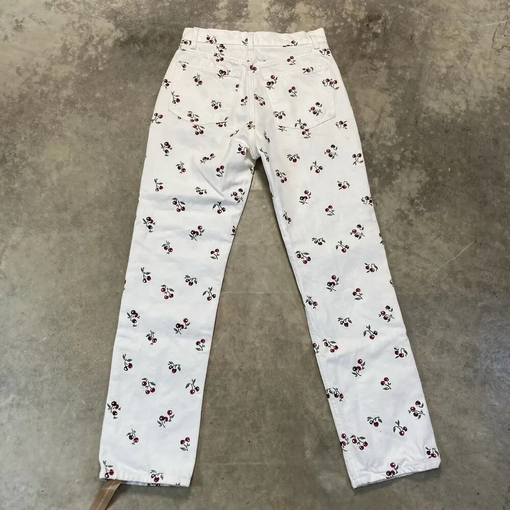 Reformation Jeans‎ Womens 26 Cherries Embroidered High Rise Straight Leg Cotton - Picture 7 of 11
